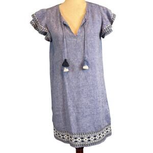 Vineyard Vines Short Sleeve V-Neck Dress Embroidered 100% Linen Blue XS